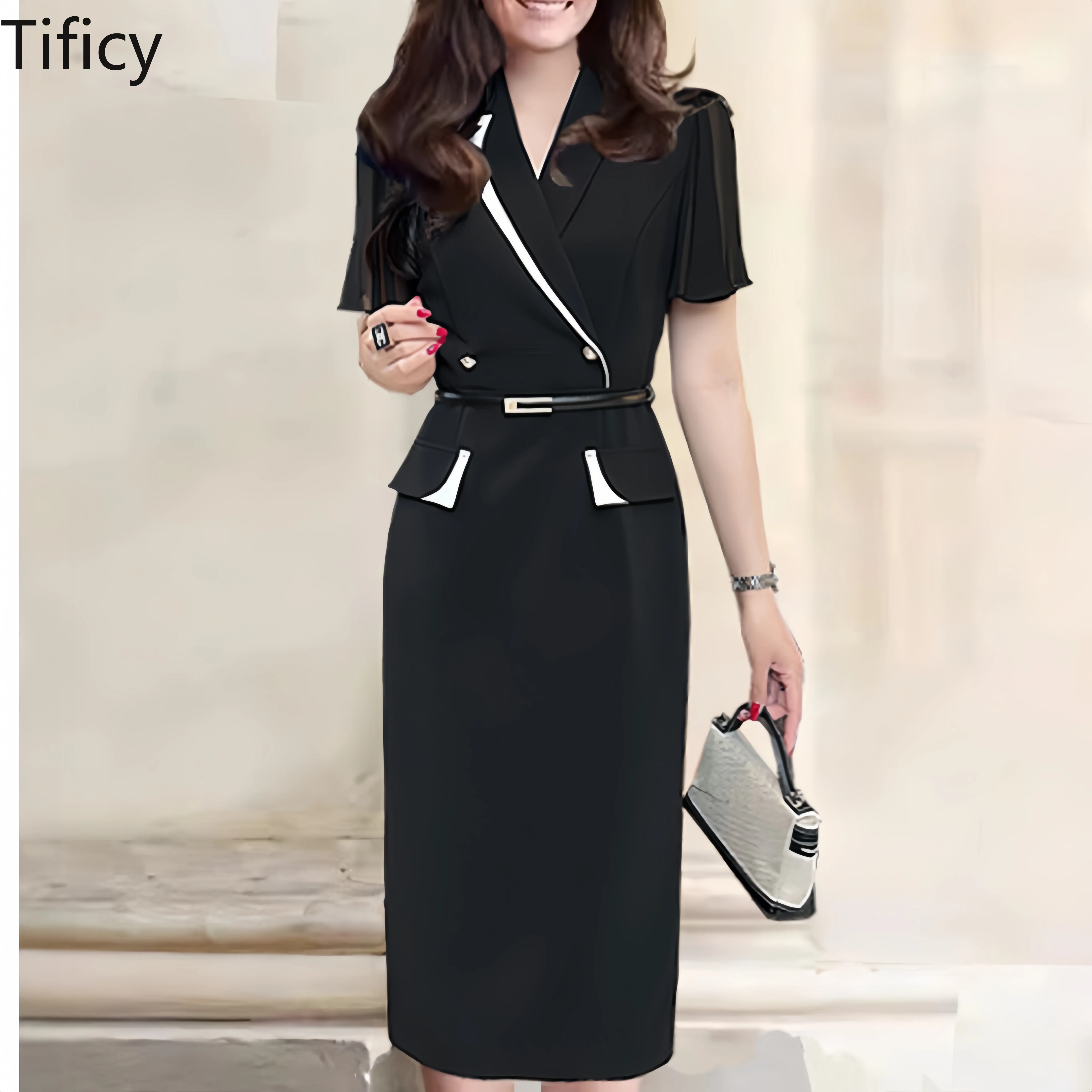 

Kate The Same Style As Spring/summer Women's Suit Collar Short Sleeves Contrasting Color Commuting Professional Slim Ol Dress
