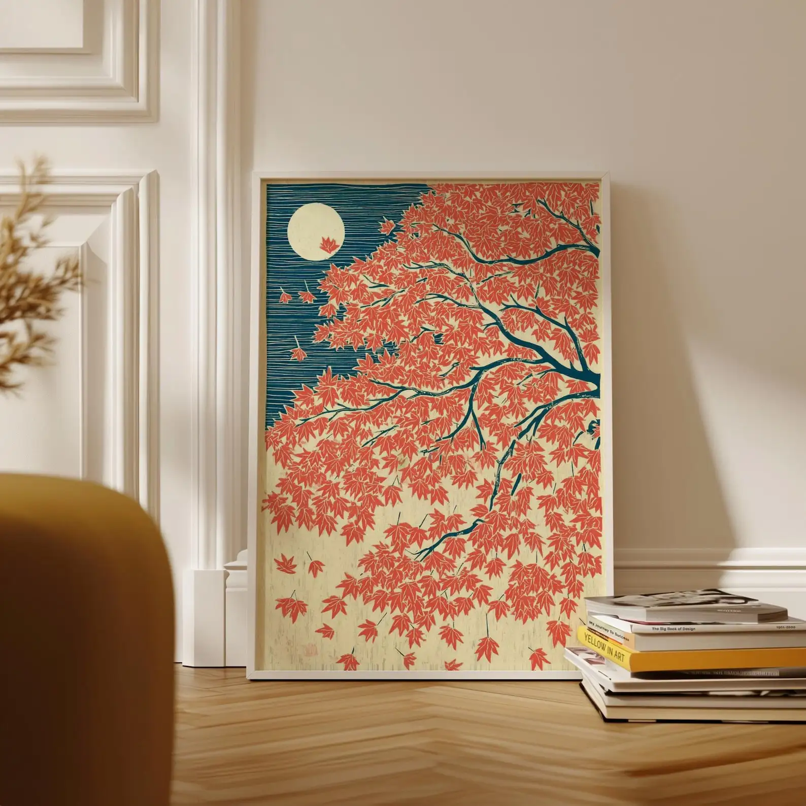 Japanese Maple Autumn Poster Red Blue Wall Art Moonlit Landscape Illustration Print Elegant Nature Home Decor Japan Vintage Art