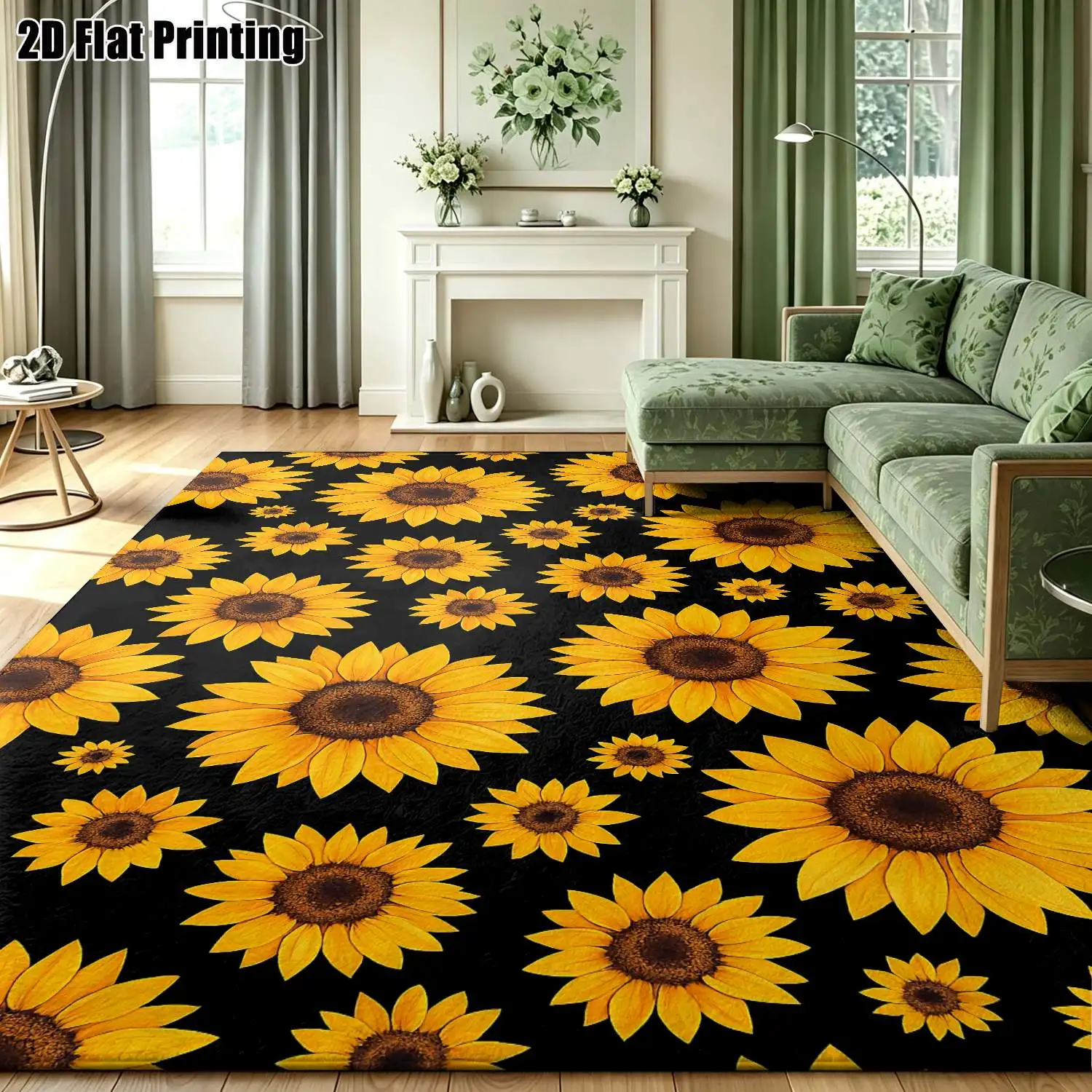 1Pc 2D Printed Carpet: Yellow Sunflower Pattern, Nordic/Instagram/Modern Minimalist/European/Vintage Style, Multi-Size, Machine Washable, Ideal for Entrance, Dining, Foyer, Bedroom, Living Room