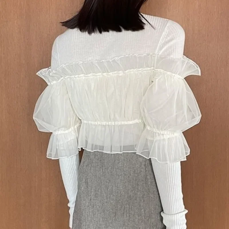 Sweet Solid Color Mesh Patchwork Women Pullovers Solid O-neck Long Sleeve Elegant Jumpers 2024 New Japanese Ladies Sweaters