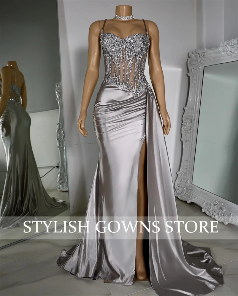 Silver Sweetheart Long Prom Dress For Black Girls 2024 Pleats Birthday Party Dresses Applique High Slit Evening Gowns Customized