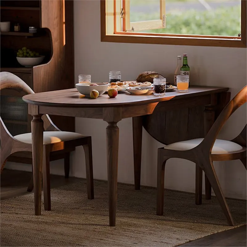 Nordic black walnut all solid wood semi-round dining table foldable table small apartment household minimalist retractable