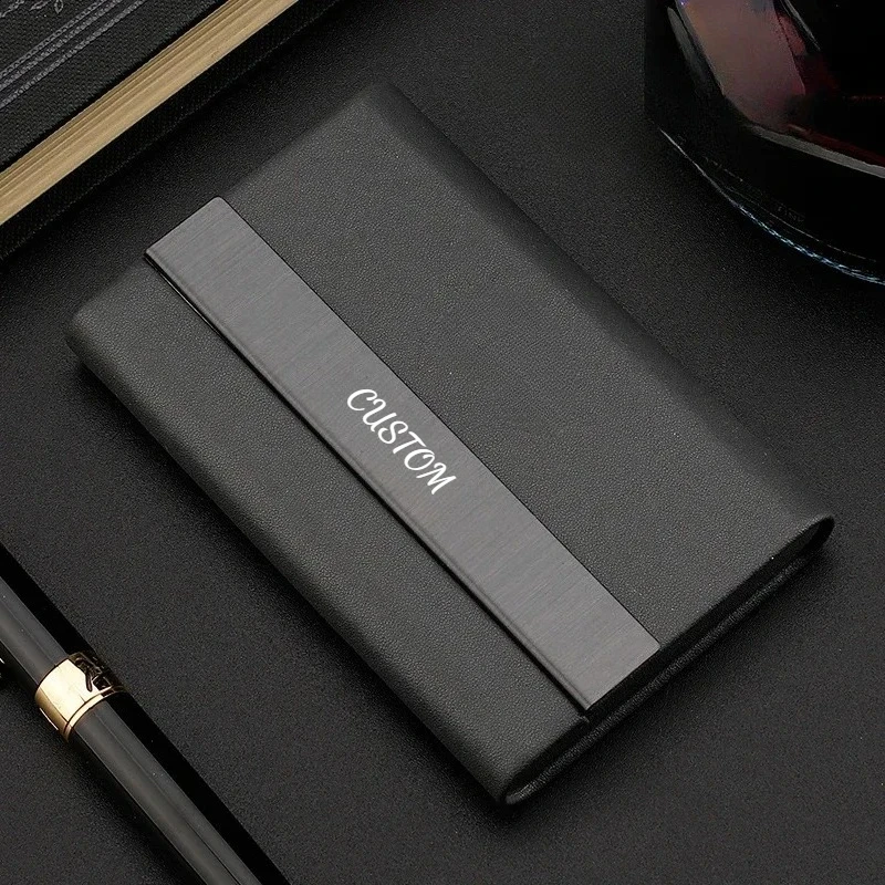 

Custom Logo PU Leather Stainless Steel Business Card Case Box Personalize Laser Company Name Metal Cardcase Activity Gift