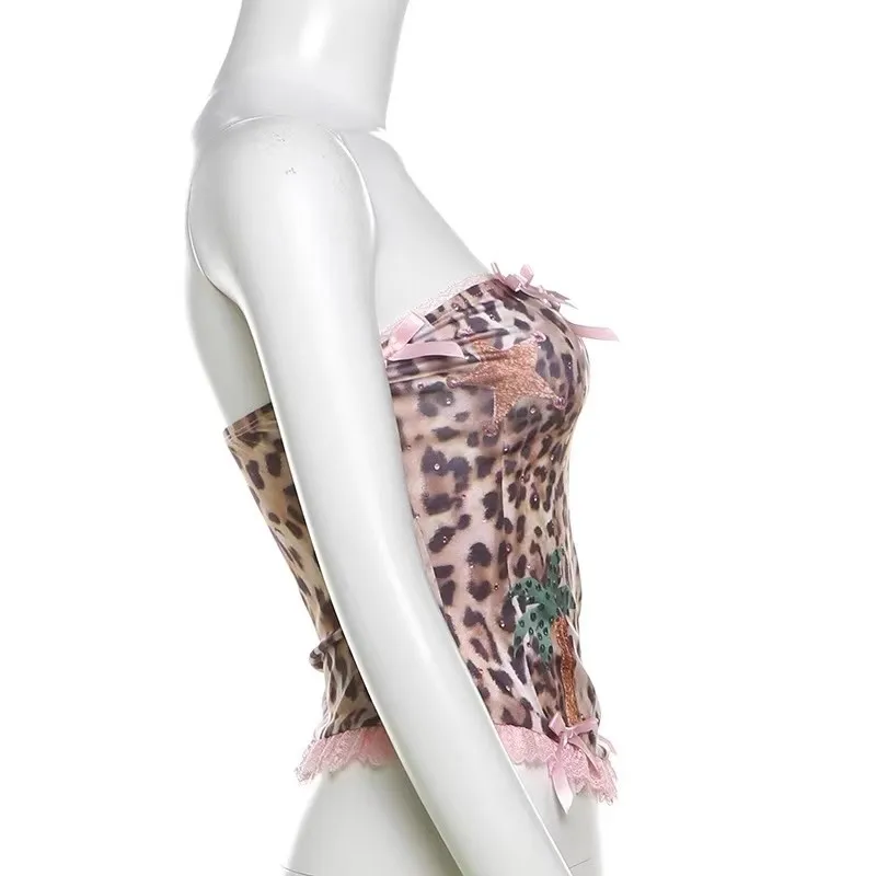 Sexy Leopard Print Tank Tops Women Harajuku Y2K Bow Patchwork Crop Tops Aesthetic Streetwear Fashion Sleeveless Corset Tops