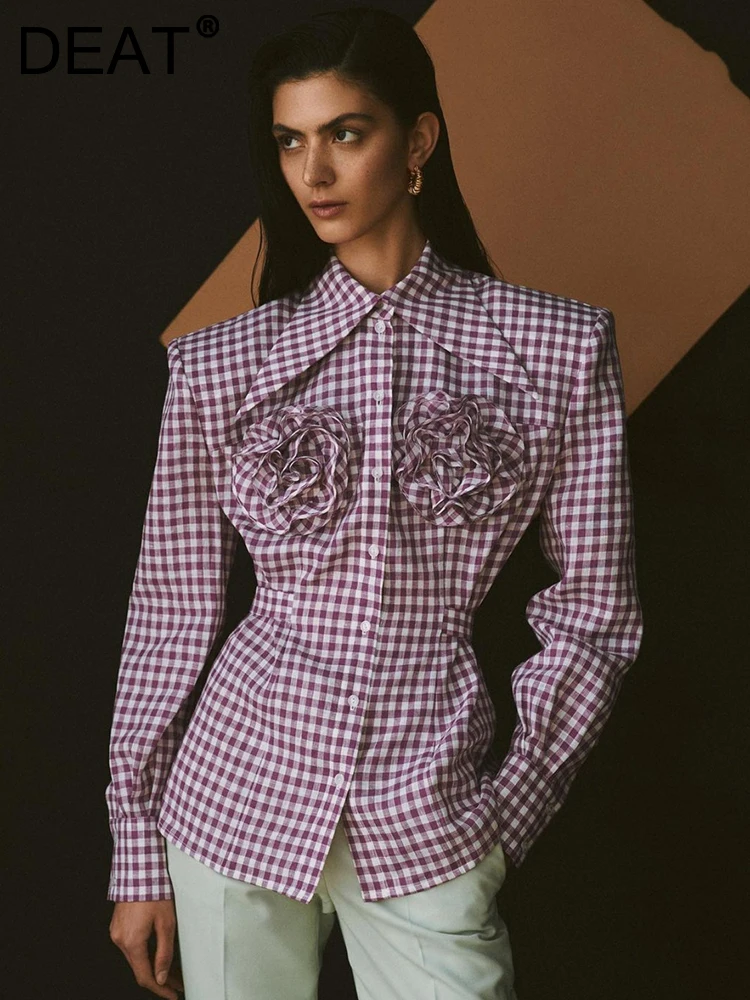 DEAT Fashion Women\'s Shirt Large Pointed Collar Waist Retraction Plaid Three-dimensional Flower Blouses Autumn 2024 New 17A9881