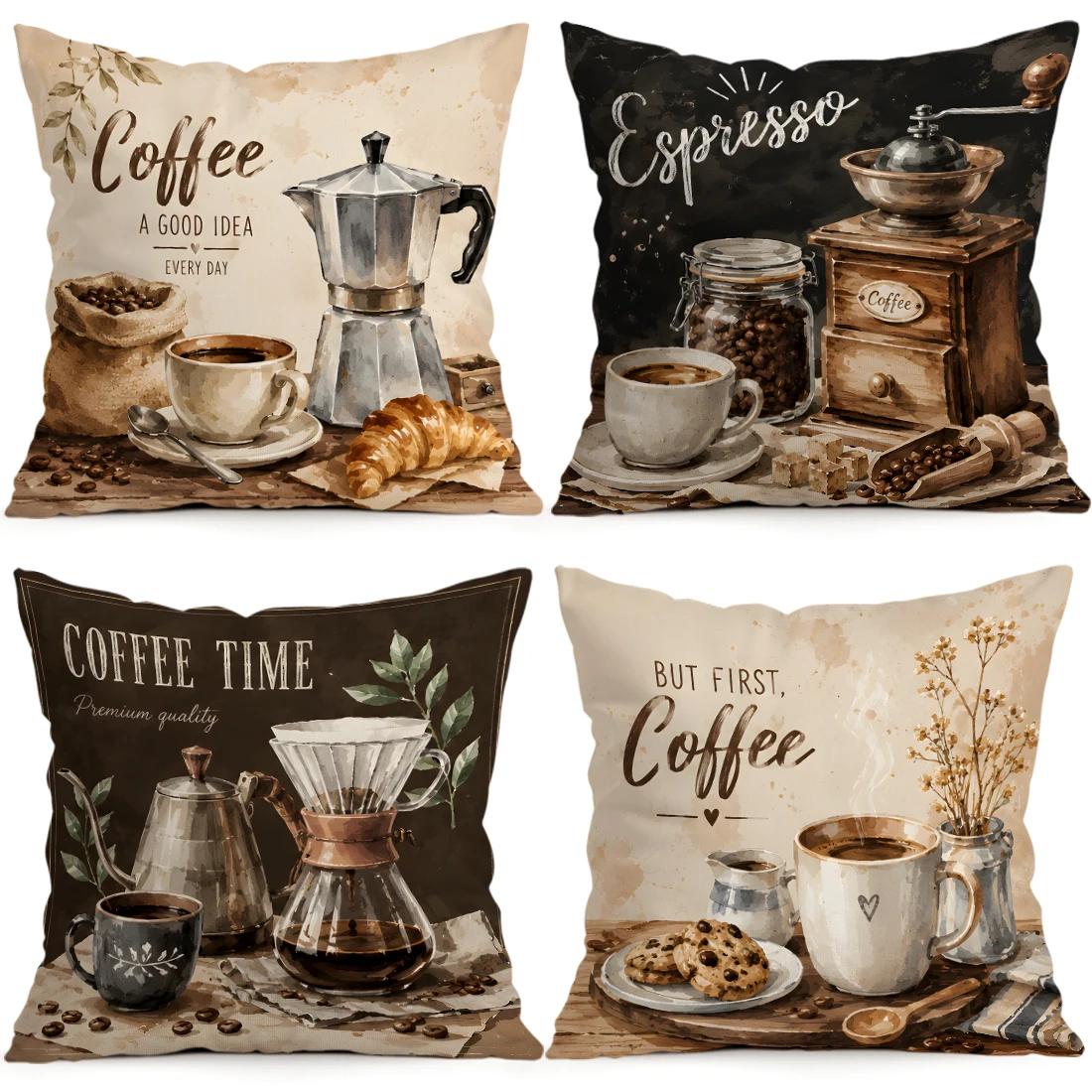 Retro Watercolor Coffee Utensil Cushions Pillowcase Polyester Cushion Cover Throw Pillow Pillowcover Home Car Sofa Decor