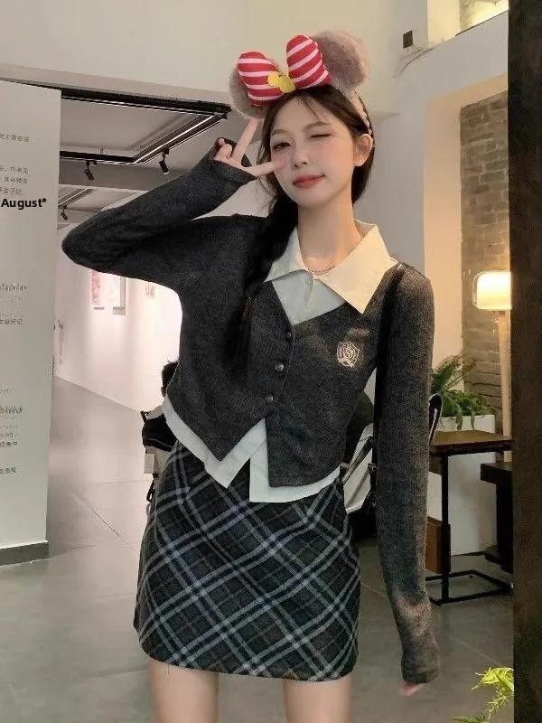 

Korean College Style Women's Knitted Sweater And Woolen Skirt Set Early Autumn Complete Inspired Fashion Set
