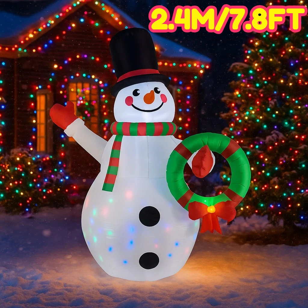 2.4M/7.8FT Inflatable Christmas Snowman Wreath  Lights LED Home Decorations Toys Yard Xmas Holiday Decor Supplies Outdoor Lawn