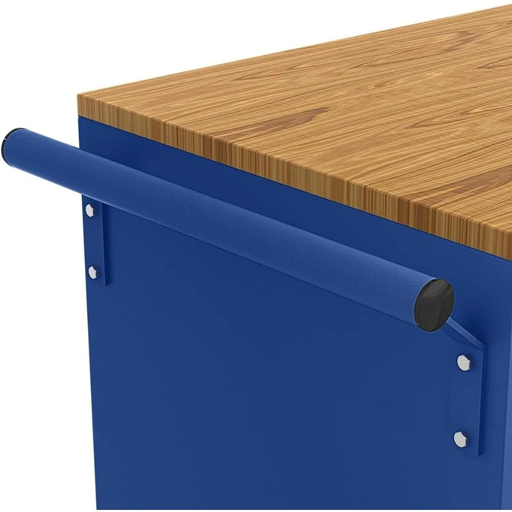 Banco de trabalho móvel personalizado de 46 polegadas com tampo de madeira maciça, azul