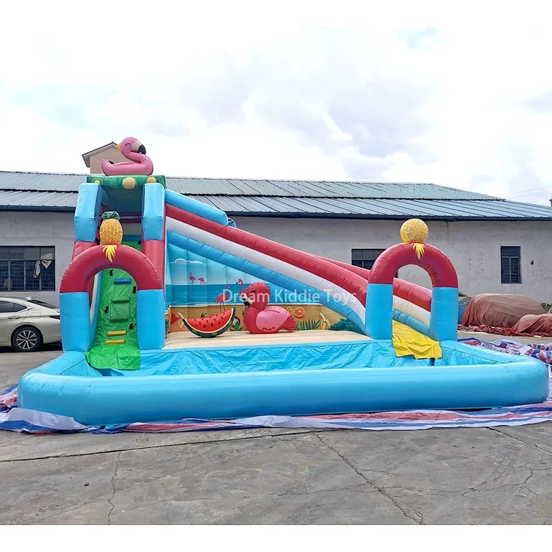 Flamingo Inflatable Water Slide With Poo Park for Kids Blow up Backyard Waterslide With Splash Pool Outdoor
