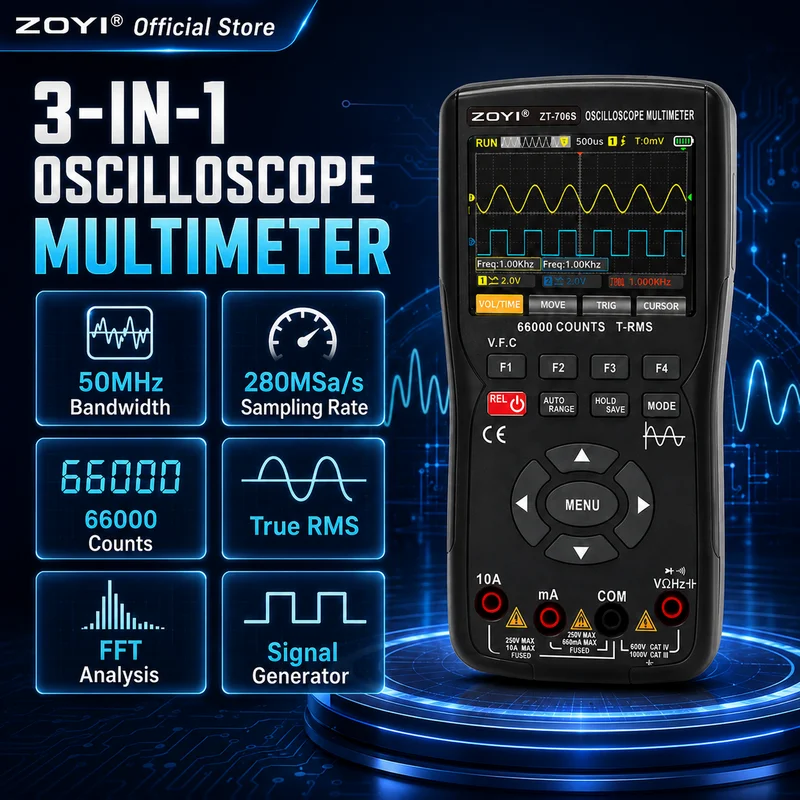 ZOYI ZT-706S Dual Channel Handheld Scope 50MHz 280MSa/s 66000 Counts Tester for Electronics Troubleshooting &3 IN 1 Multimeter