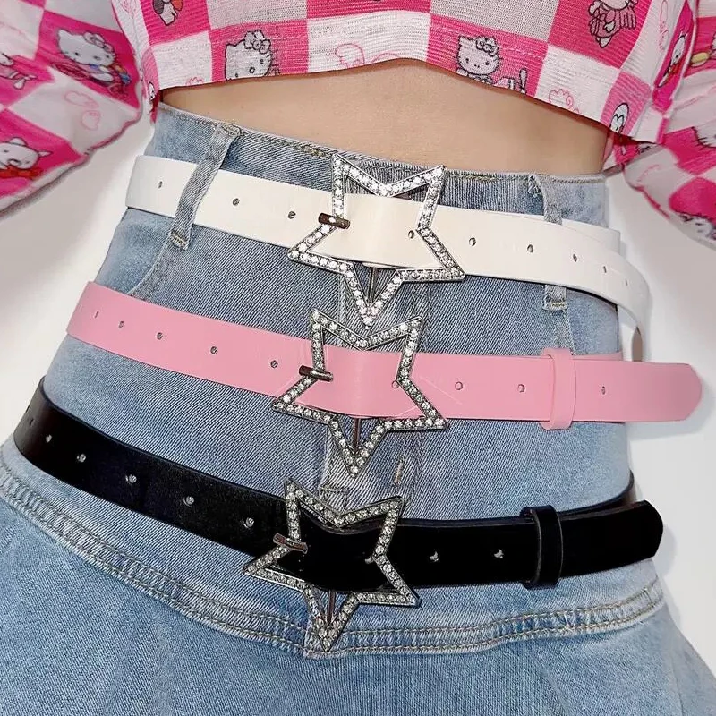 

Y2K Trendy Spicy Girl Pink PU Leather Belt Metal Fashion Buckle Five-point Star Full Drill Waistband Women Versatile Decoration