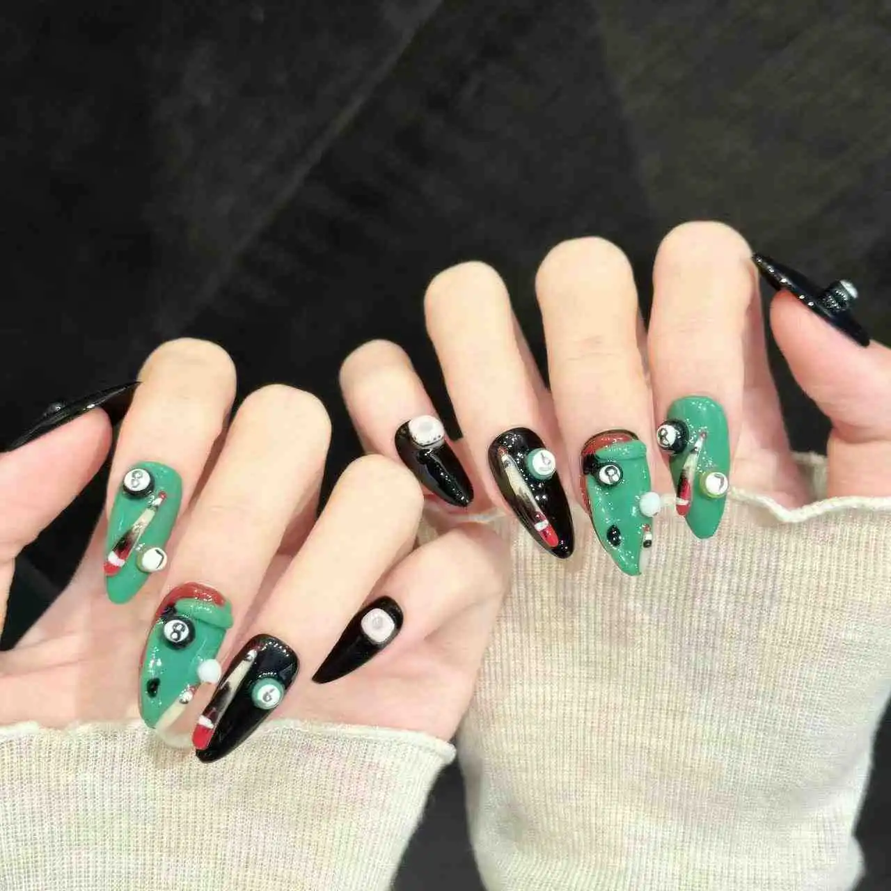 10pcs Personalized Street Style Handmade False Nails 3D Black Eight Table Tennis Decor Press On Nail Spicy Girl Almond Fake Nail