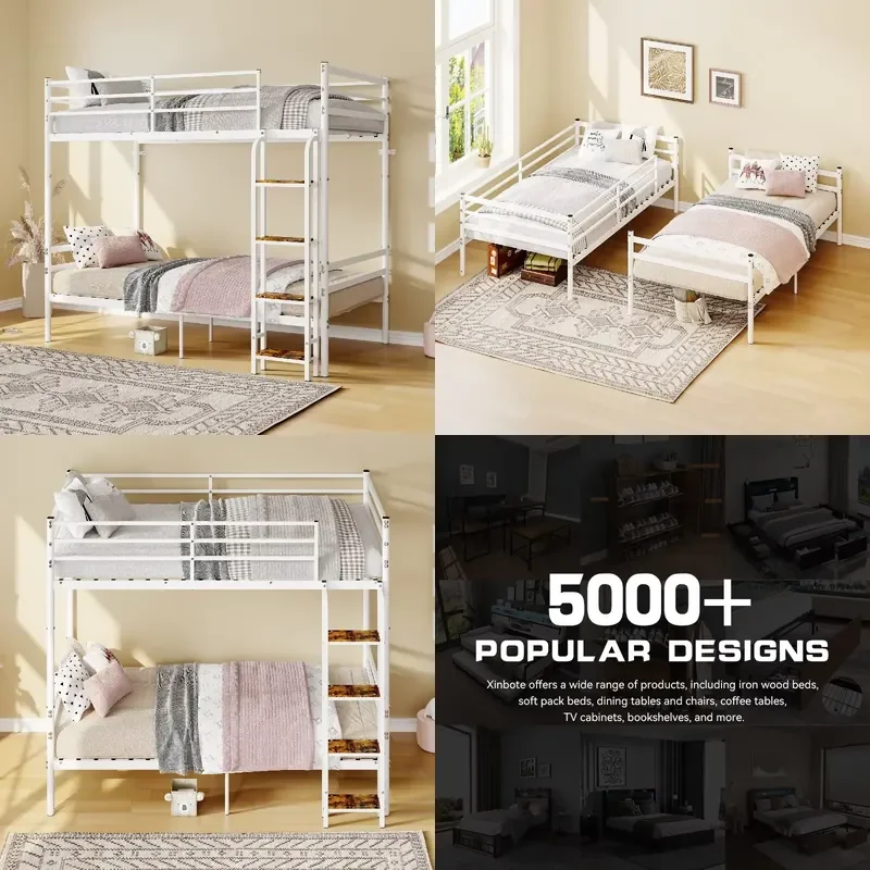 for Modern Double Size Bunk Bed Frame with Safety Guardrail and Ladder Heavy  Metal Slat Support Structure Noise Reduction