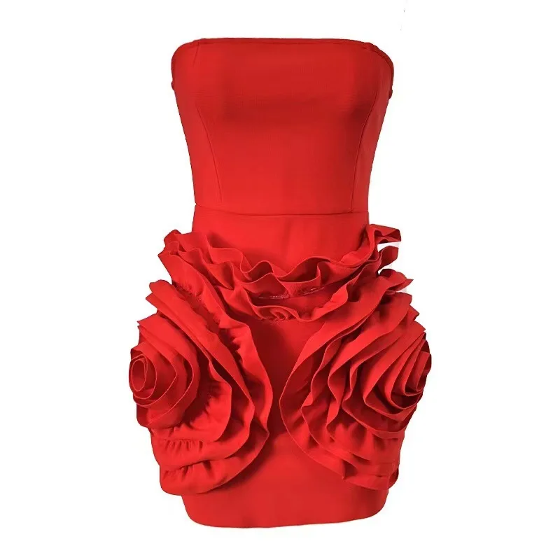 

2025 New Fashion Sleeveless Backless Tube Top High-End Three-Dimensional Flower Tight Mini Party Evening Dress