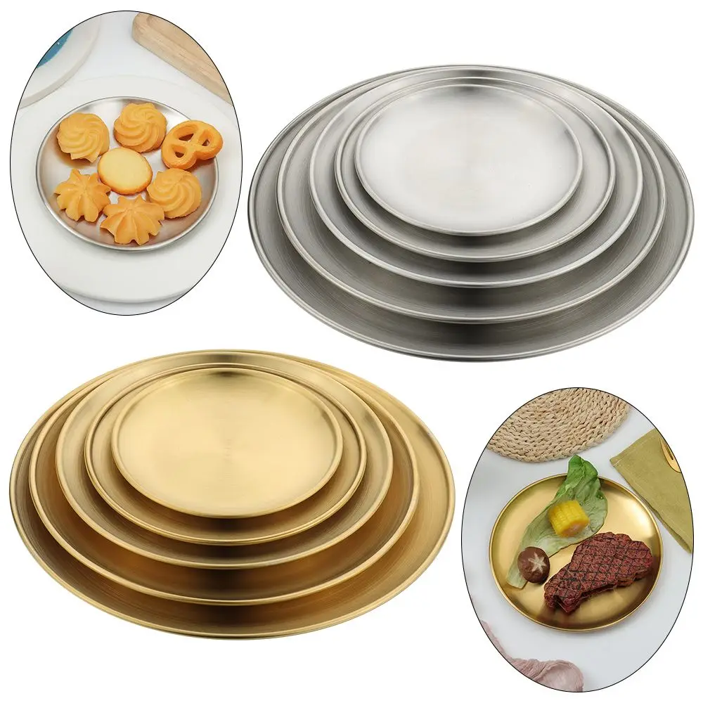 14/17/20/23/26CM Gold Silver Fruit Meat Cake Dessert Shallow Tray Round Plate Metal Dining Disc Bone Spitting Dish