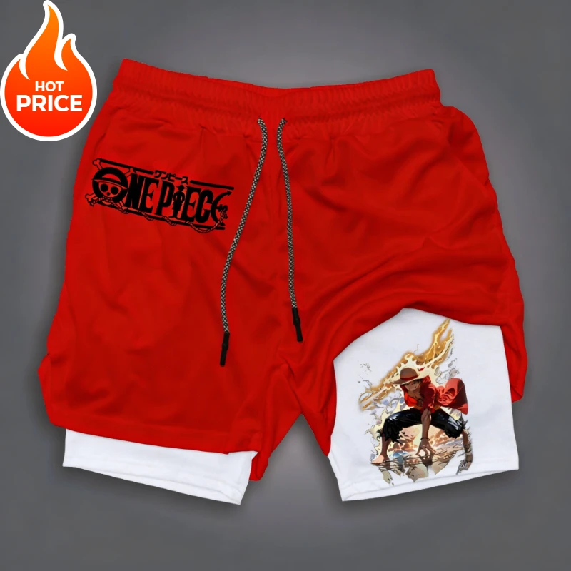 

Мужские летние шорты One Piece Luffy 2026: Новая двухслойная реплика, свободный крой, для тренировок и бега, повседневные брюки-шорты