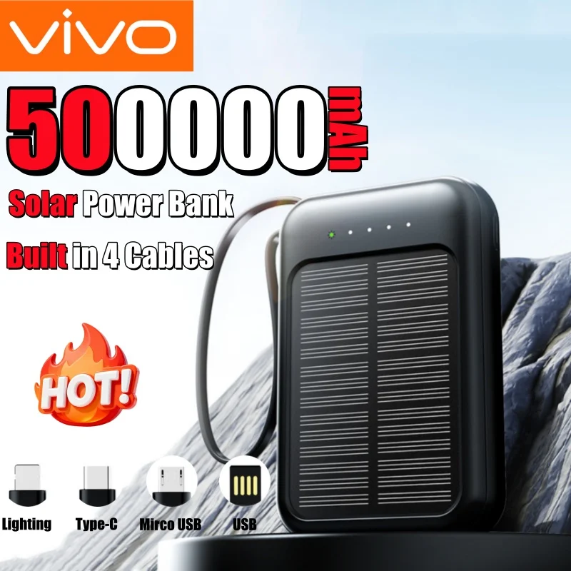 

VIVO 500000 мАч, аккумулятор на солнечной батарее большой емкости, сверхбыстрая зарядка, встроенный аккумулятор с 4 кабелями, портативный аккумулятор для iPhone Huawei