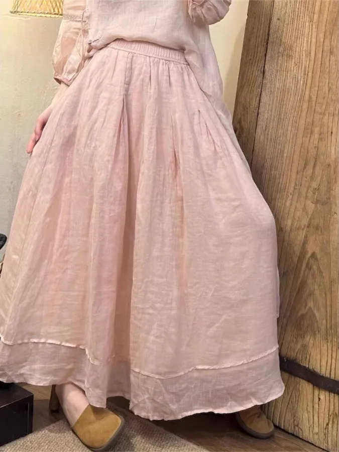 Cotton Linen A-Line Midi Skirt Women's Summer New Style Retro Casual Versatile Flax A-Line Skirt Mid-Length Sweet Style