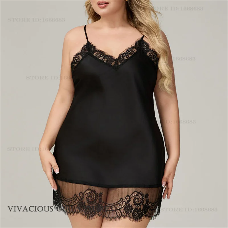 

Plus Size Patchwork Lace Nightgown Women's Chemise Sleepwear Home Dress Sexy Lingerie Spaghetti Strap Nightdress ice silk Nighty