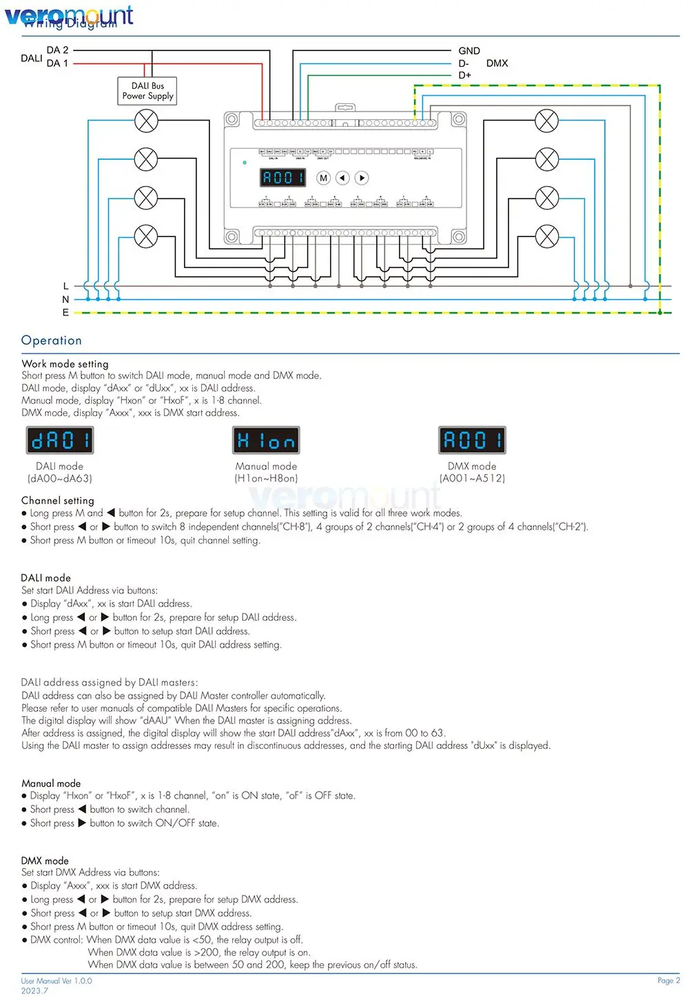 Skydance DH8 (DT7) For LED Lamp Lights 100-240VDC 8CH*16A DALI DMX RDM 8-Channel Relay Unit Controller Numeric Display Din Rail