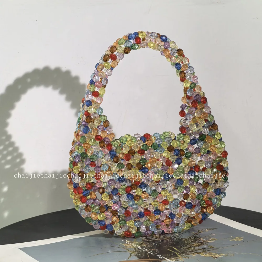

New Sweet Design Advanced Fashion Pure Handmade Bead Making Sparkling Weaving Women's Bag Girlfriend Birthday Gift Handbag