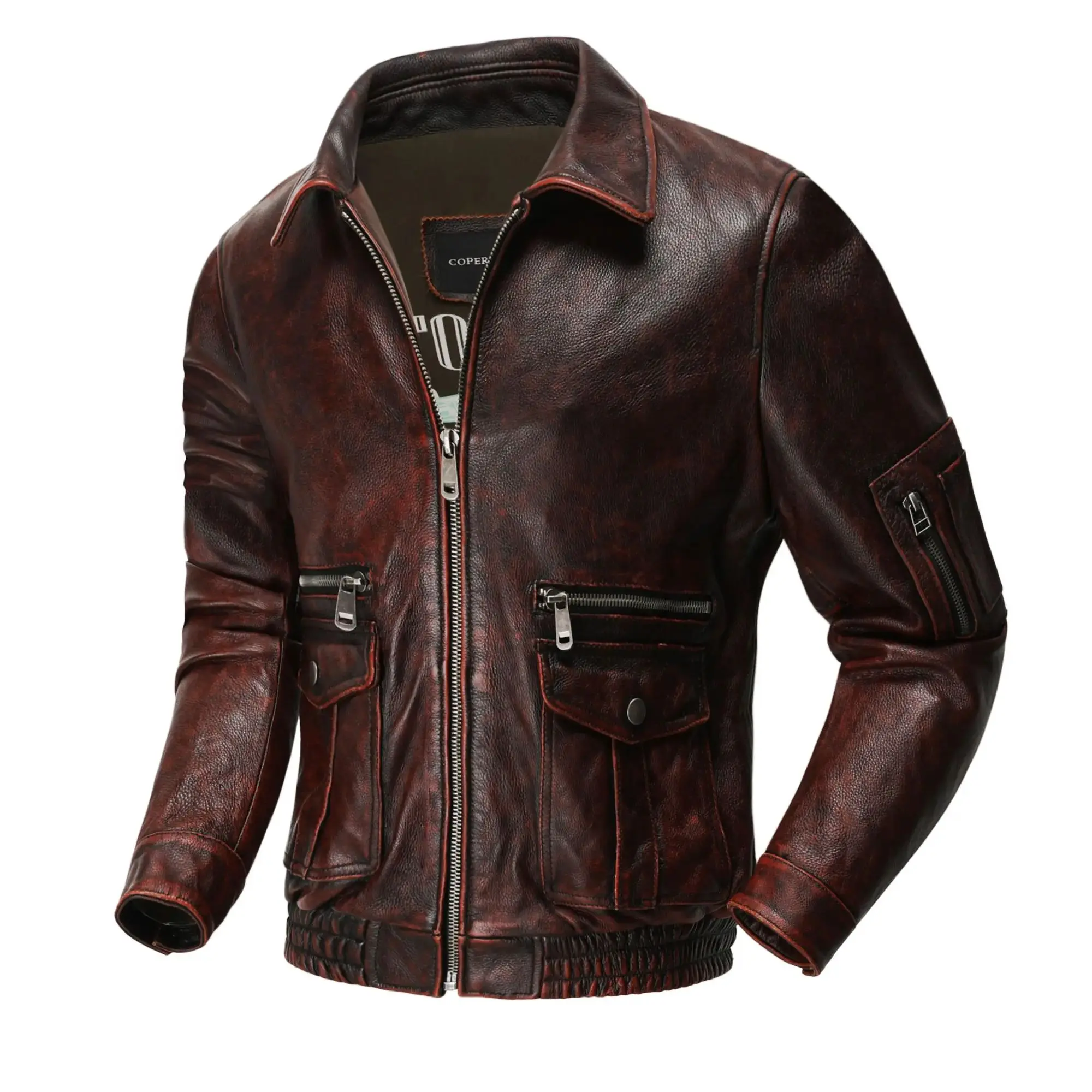 

Corium Men Air force Flight Jacket High Quality Vintage Distressed Top Layer Cowhide Red Brown Short Moto