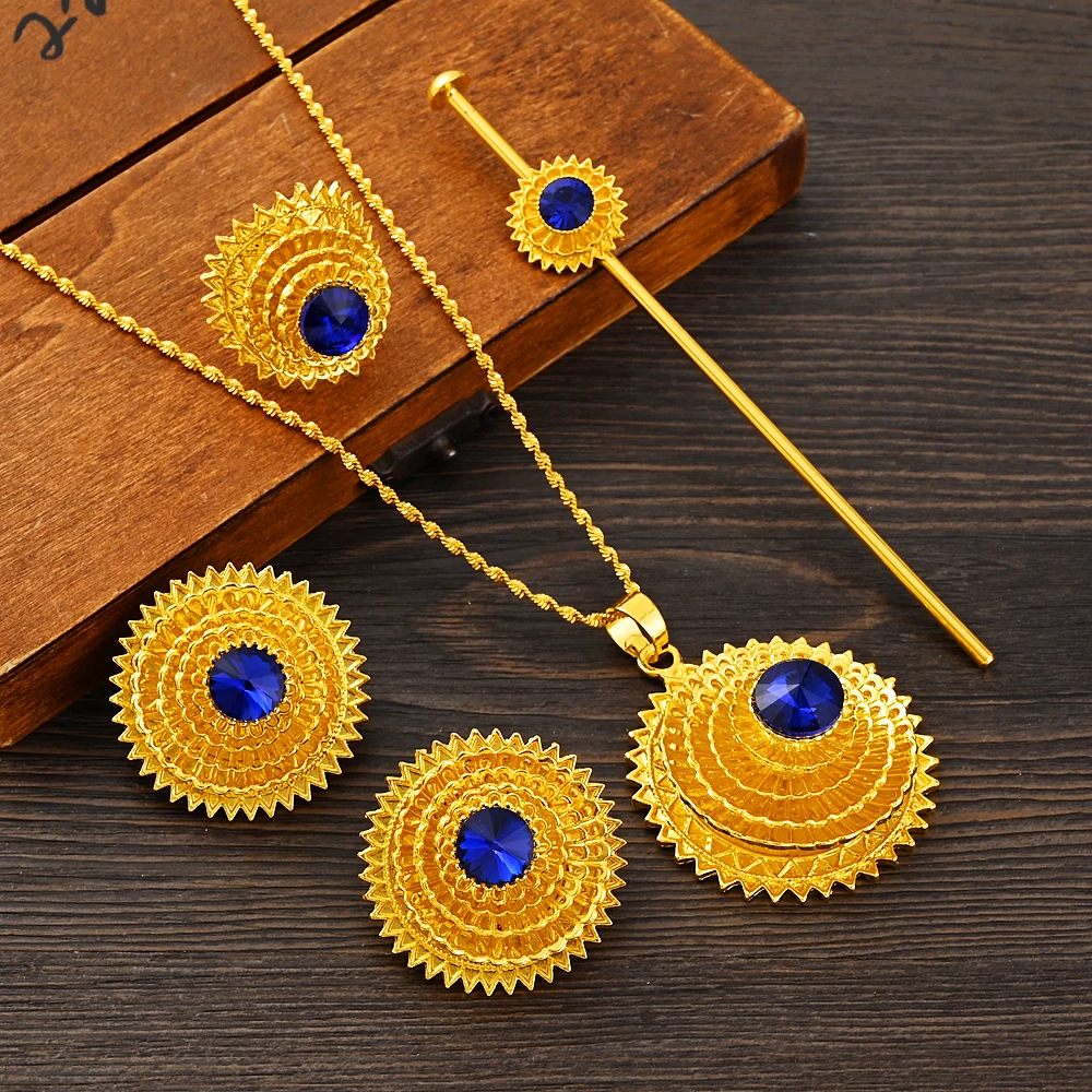 Ethiopian Traditional Blue Stone Gold Color Bridal Jewelry Set Necklace Earrings Ring Hairpain Gifts Wedding Jewellery For Women