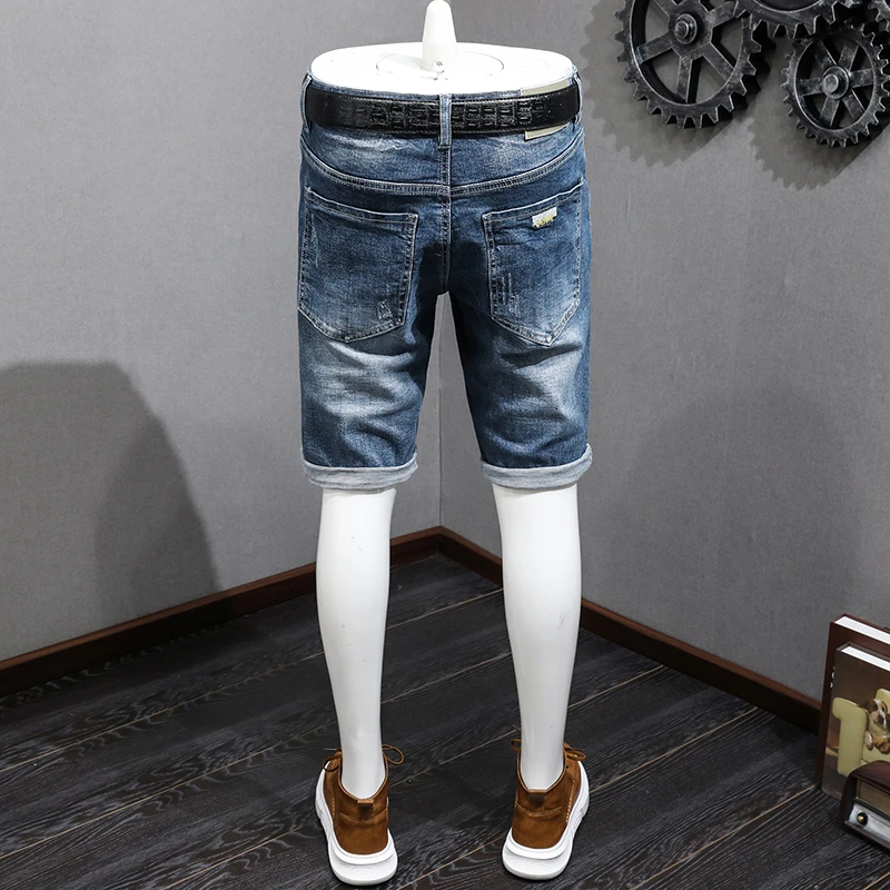 2024New Fashion Nostalgic Ripped Denim Shorts Men's Trendy Summer Slim Fit StretchinsTrendy Cropped Pants