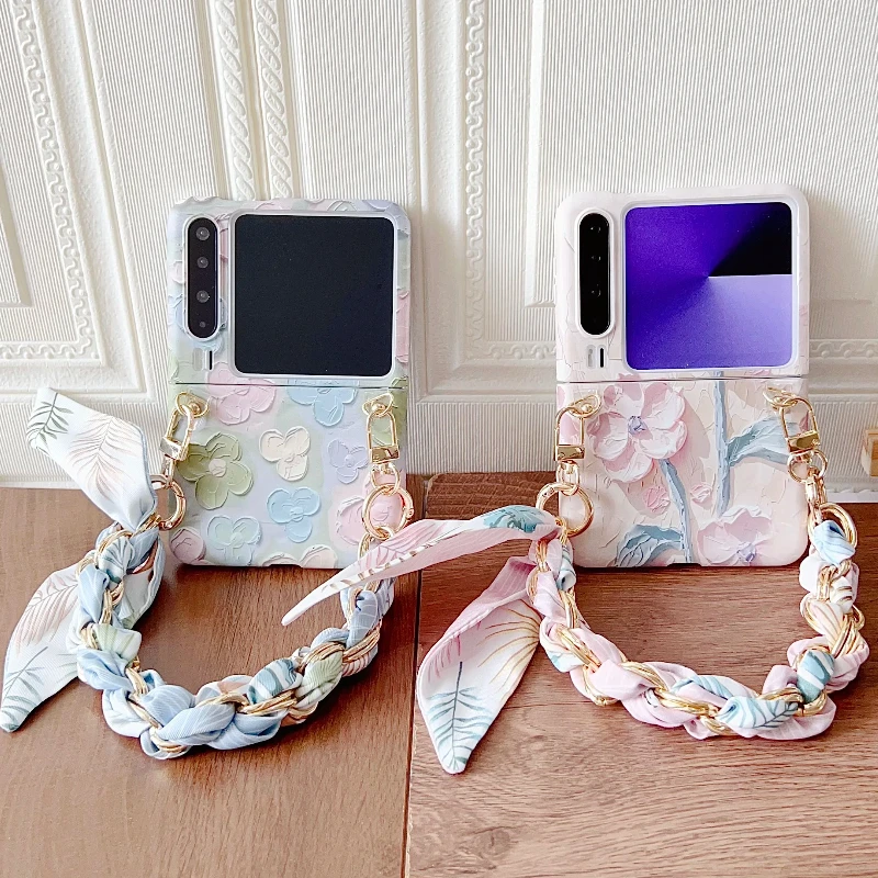 

For Huawei Pura X Phone Case Fresh flowers Painted Embossed feel Wrist Strap Shockproof Hard PC Cover Capa Shell Back Cases