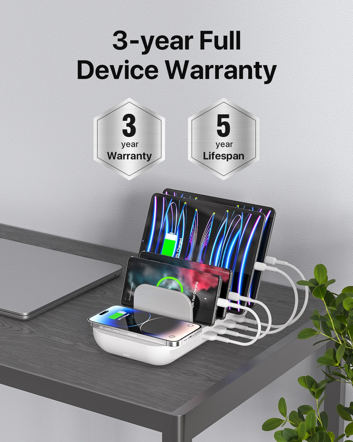 SooPii 70W 5-Port Charging Station with 15W Wireless Charger Pad USB-C Port with 25W PD3.0 for Multiple Devices 5pcs Mixed Cable