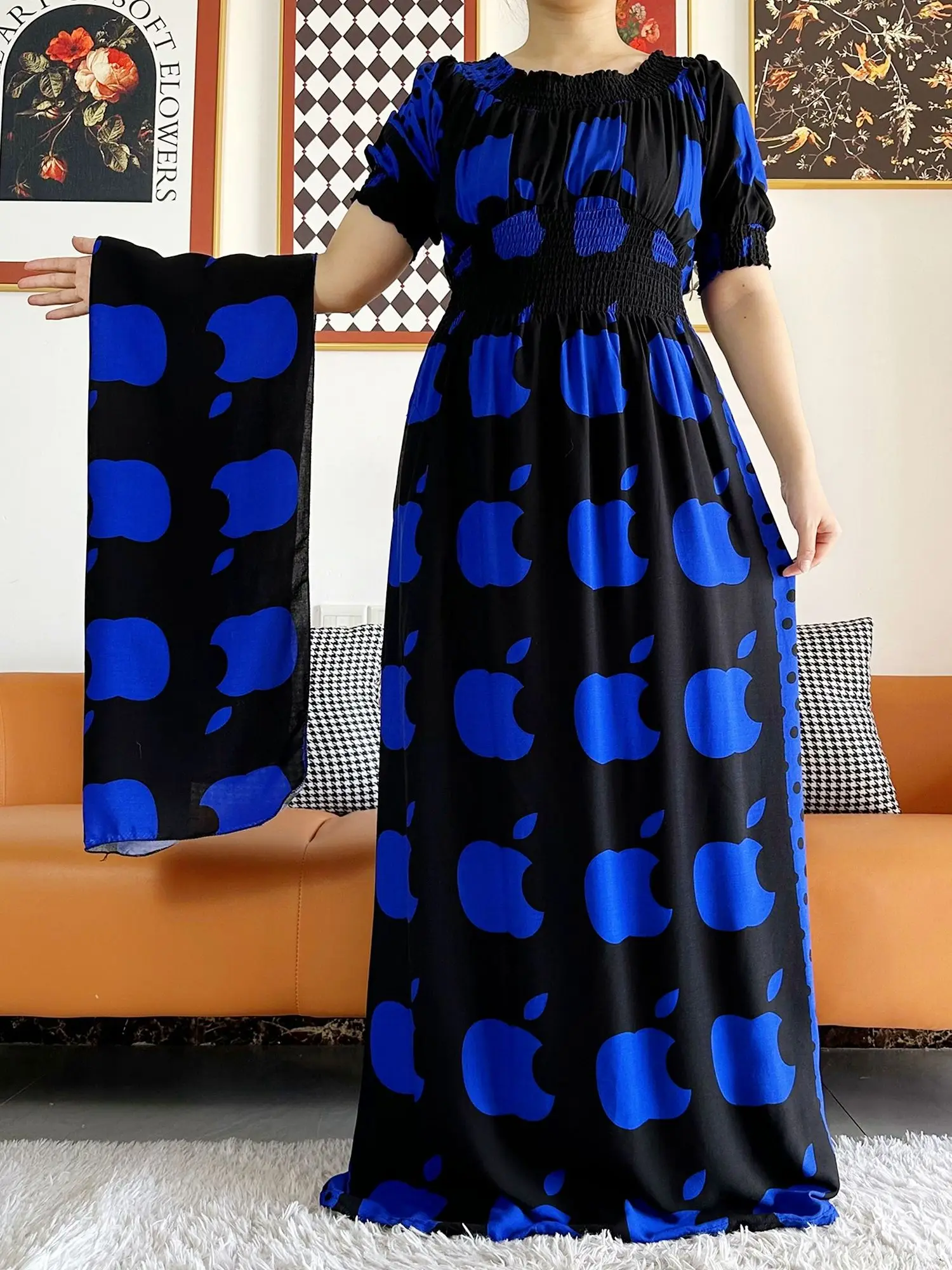 African Women Dashiki 100% Cotton Floral Dress Printing Apple Design Short Sleeve Collect Waist Straight Loose African Clothing