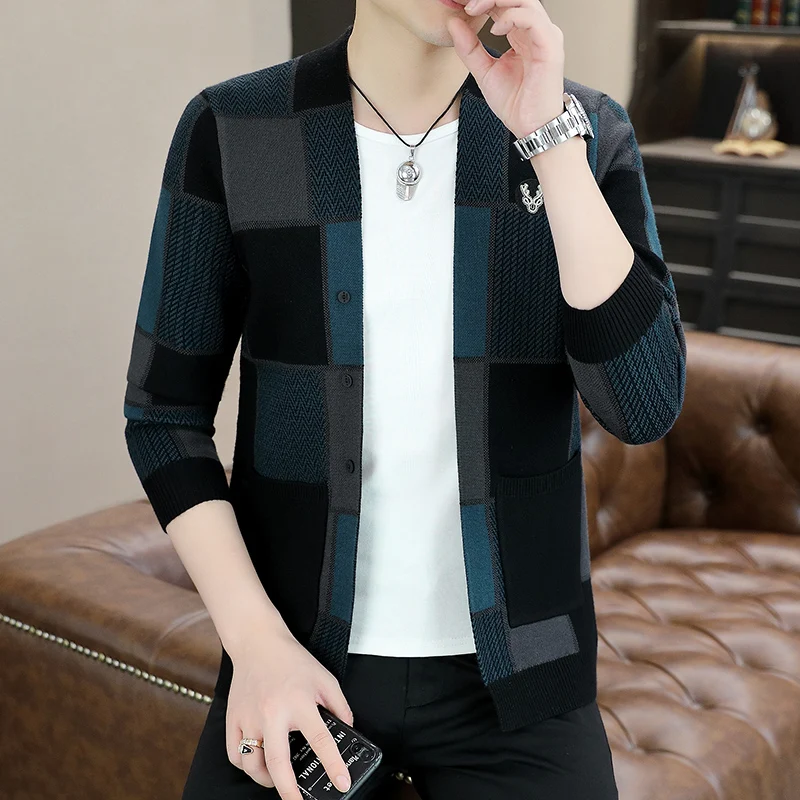 

Autumn and Winter Men's Fashion Contrast Color Cardigan Knitted Loose Pocket Plaid Solid Thick Sweater Coats Top