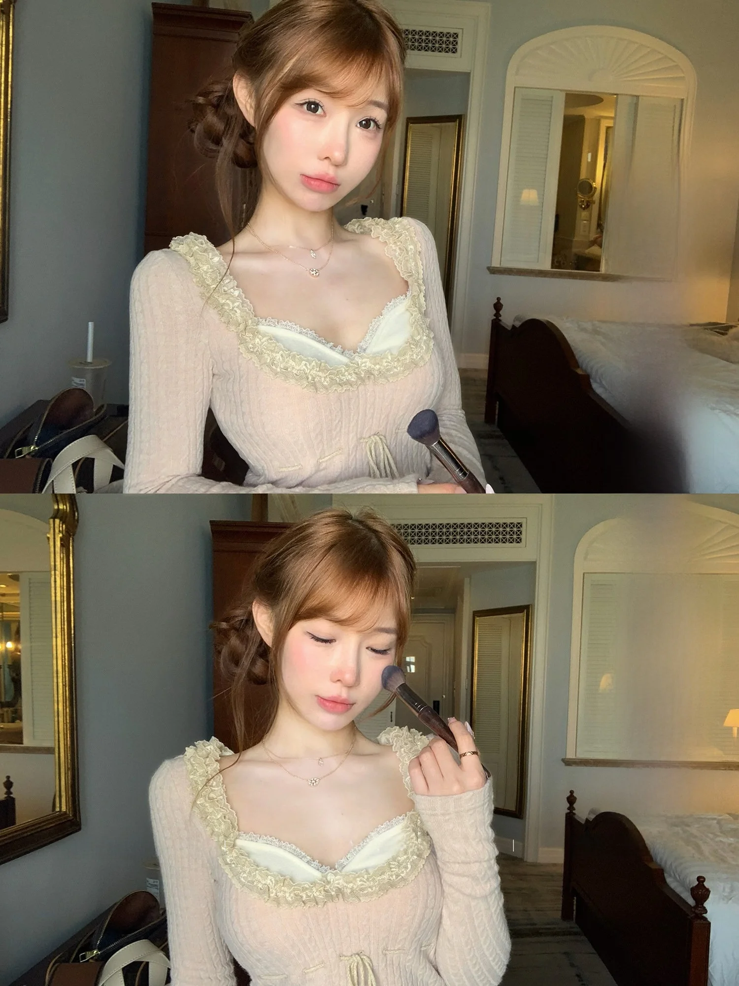 

Lukira Lace Trim Knitted T-irt Women's Slim Fit Spring Season Inner Wear Casual Long Sve U-Neline Breathable Comfortable