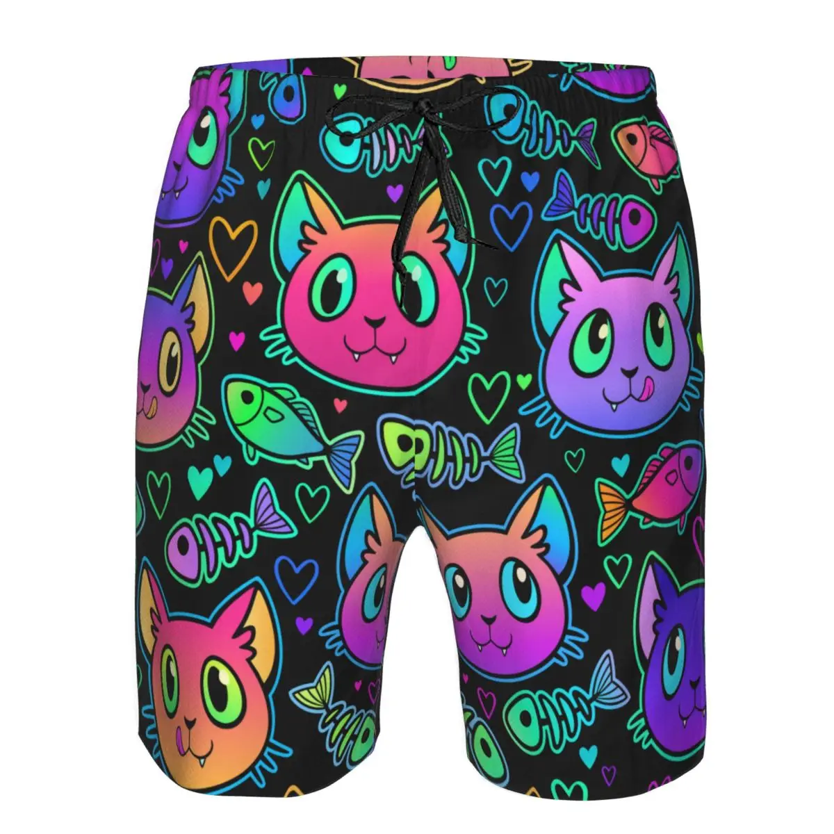 Men's Beach Short Swim Shorts Cute Bright Cat Heads And Fish Surfing Sport Board Shorts Swimwear