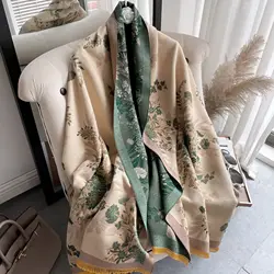 2024 Elegant Floral Painting Cashmere Scarf for Women Warm Winter Pashmina Shawl Foulard Femme Blanket Scarves Wraps