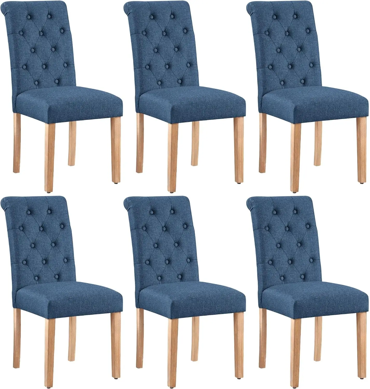 Dining Chairs Set of 6 Button Tufted Parsons Kitchen Chairs Upholstered Fabric Dining Room Chairs with Solid Wood Legs Blue