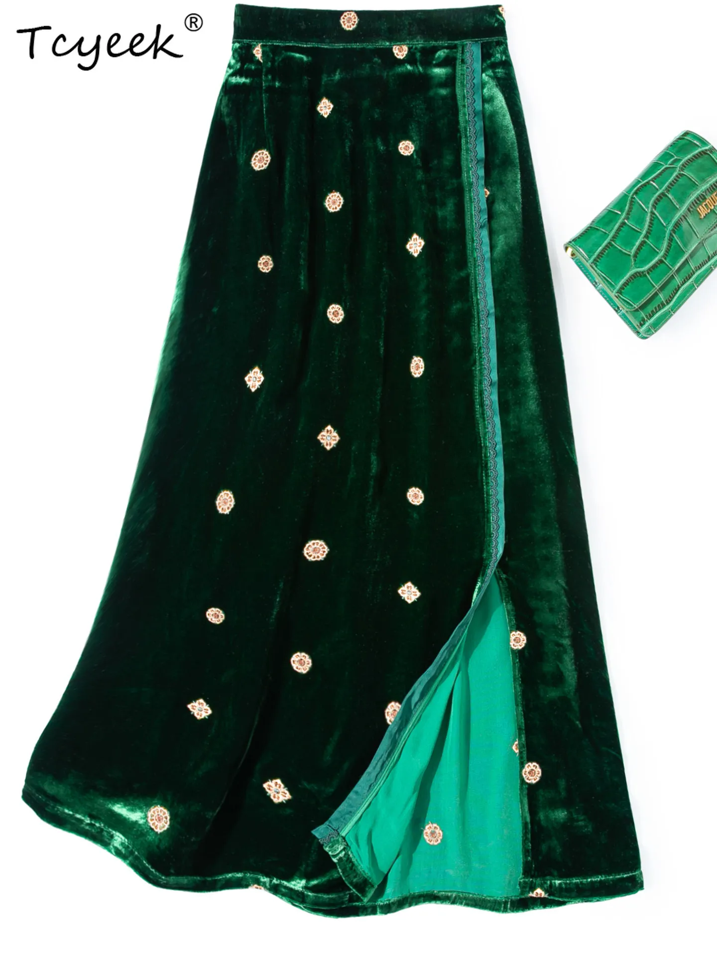 Tcyeek 100% Mulberry Silk Vintage Skirt Woman Silk Velvet Spring Skirt Elegant Skirts for Women Vintage Clothes Юбка Женская
