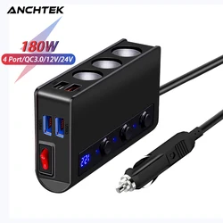 Anchtek 180W Car Cigarette Lighter Splitter Fast Charger QC3.0 12/24V 4 Ports Auto USB Charging Socket Adapter with Switch