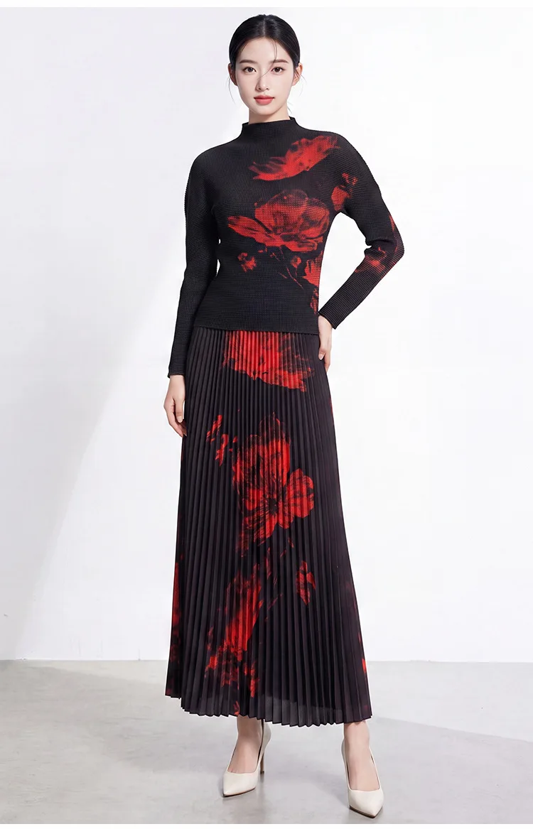Miyake High-End Slimming Women's Suit Set, 2026 Autumn New Style, Long-Sleeved T-Shirt + Long Skirt, Complete Set