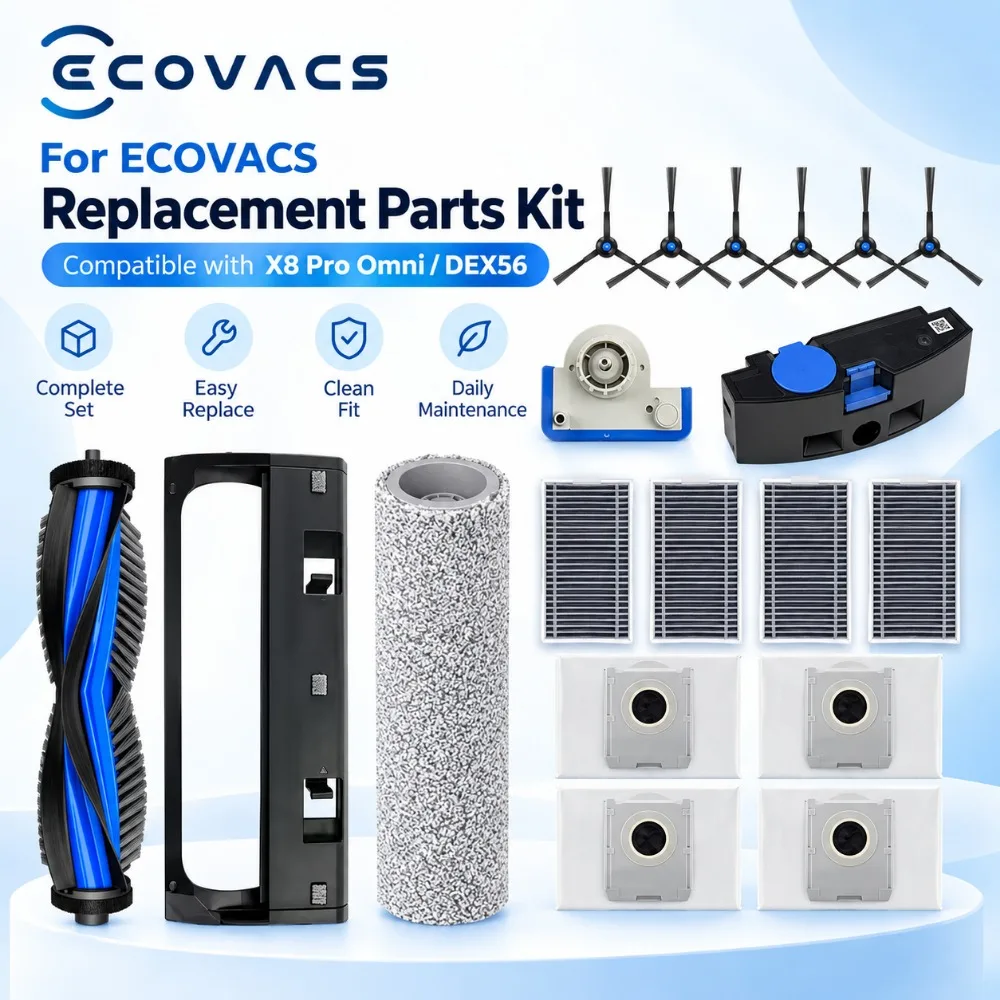 Replacement Kit for Ecovacs X8 Pro Omni/DEX 56 Main/Side Brushes, Mop Cloths, HEPA Filters and Dust Bags Vacuum Parts