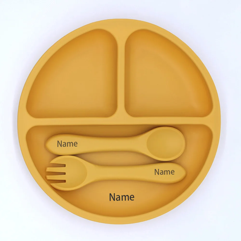 Darmowe nadruki imiennych, silikonowych naczyń dla dzieci: miseczka do karmienia, silikonowy widelec, łyżka, tacka, zestaw do nauki jedzenia, prezent świąteczny.