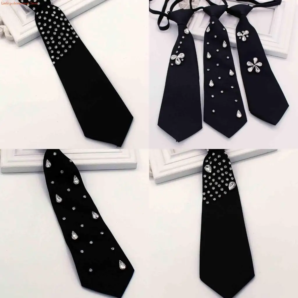 F92D Punk Fashion Tie Black Neck Band مع أحجار الراين المزينة طالب مدرسة موحدة مسبقًا مرتبطة بالرقبة القابلة للتعديل
