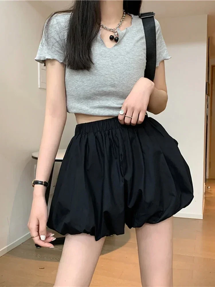 

Корейская версия однотонных женских свободных универсальных шорт, новые повседневные модные летние женские шорты-фонарики с эластичной резинкой на талии Y2k