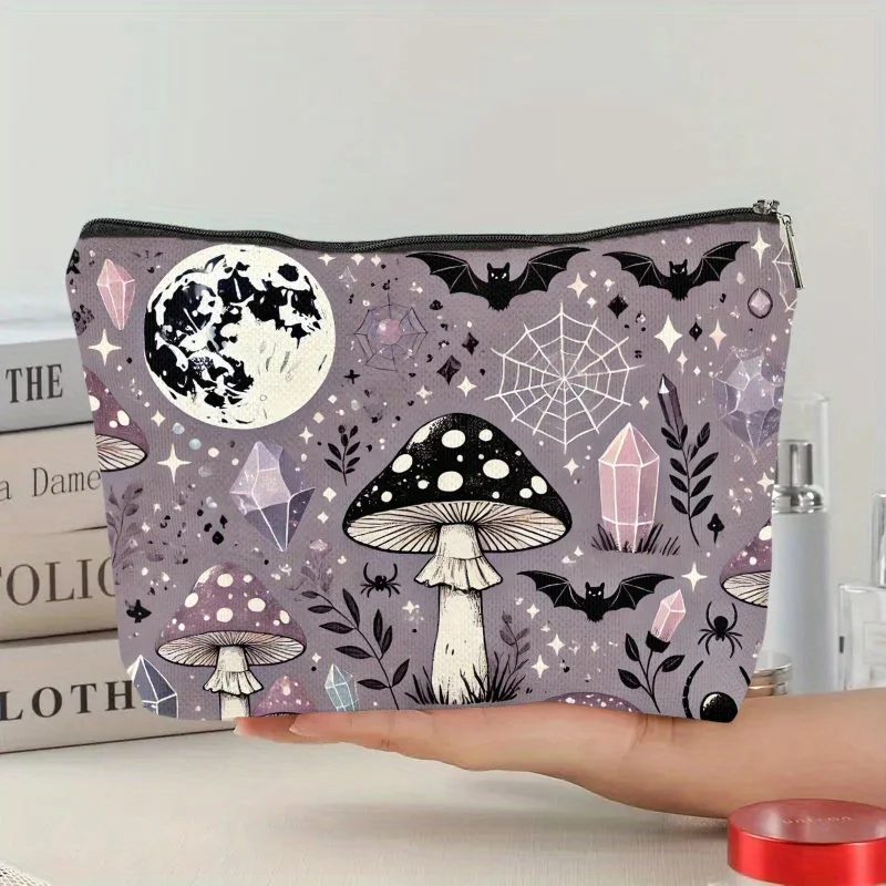A Mystery mushroom and bat patterned makeup bag - cute multifunctional zipper pouch for women, jewelry storage bag