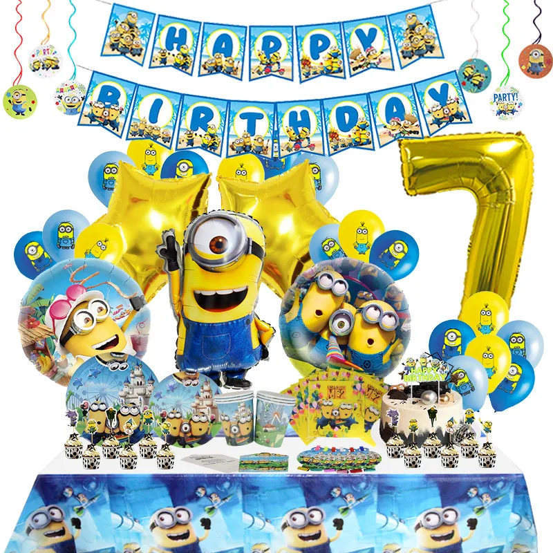 Décorations de fête d'anniversaire sur le thème de Yellow Man, ballons en aluminium, vaisselle jetable, fournitures pour événements pour enfants, bannière et toile de fond