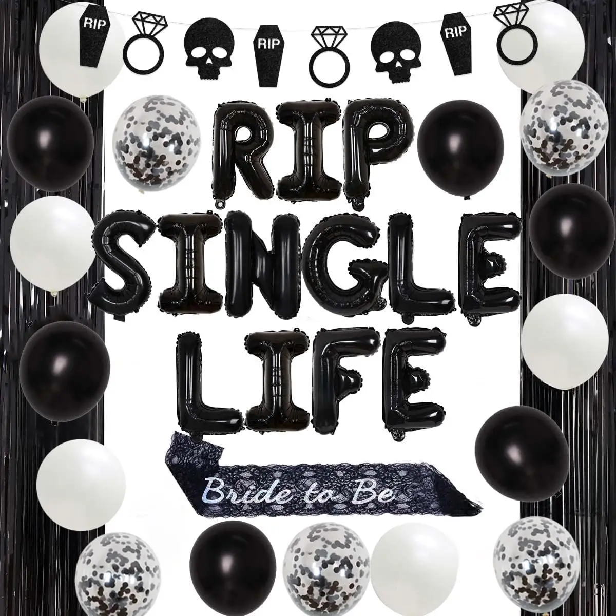 Rip Single Life Bachelorette Decorations - Black Coffin Skull Garland Bride to Be Sash Curtain for Bachelorette Engagement Party