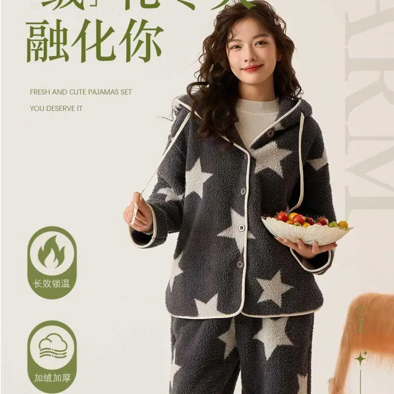 

Women Pajama Set Coral Fleece Wearable As Outerwear Soft Sleepwear Keep Warm Nightwear Thicken Homewear Winter Student Hooded Pj
