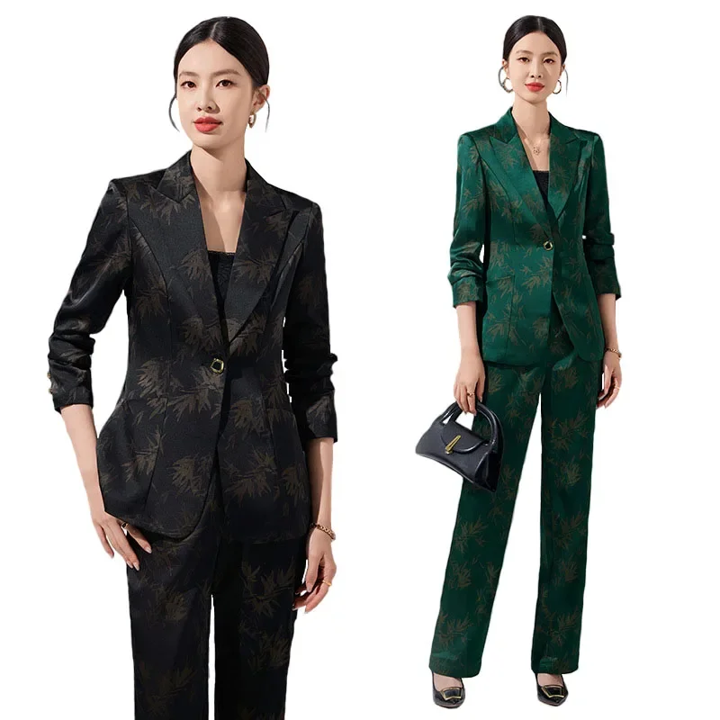 Pop Two-Piece Leaf Print Blazer Pantsuits Set For Women Office Ladies Business Single Buttons Formal Spring Autumn Trousers Suit