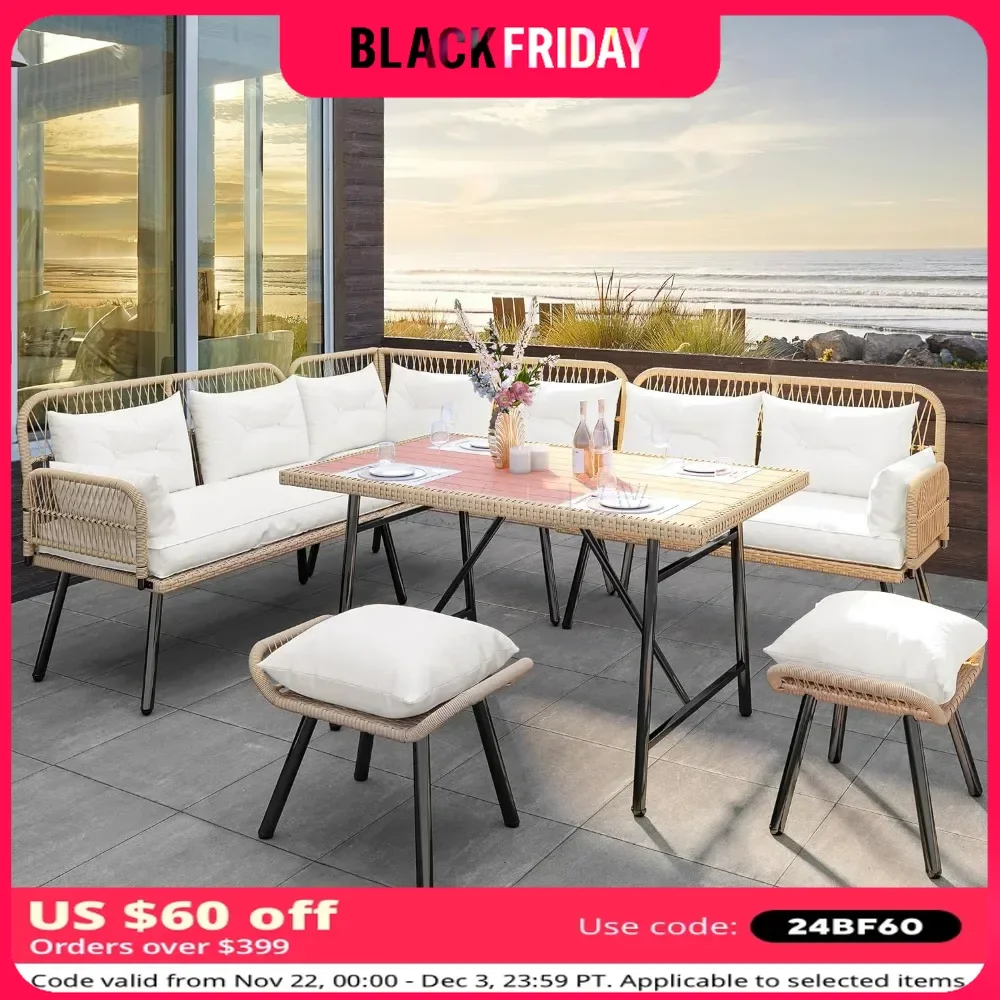 Garden Furniture Patio 8 Pieces Set, L-Shaped Furniture All-Weather Rattan Sets with Soft Cushion Chair, Garden Furniture Set